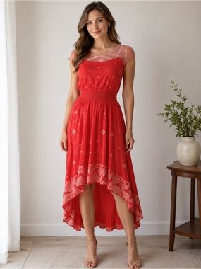 Floreat Dress by Anthropologie Red Embroidered High Low Midi Dress
